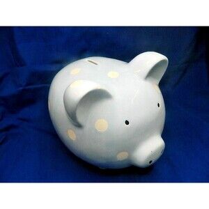 Piggy Bank Blue w/White Polka Dots Ceramic 7.5" High 9" Long No plug